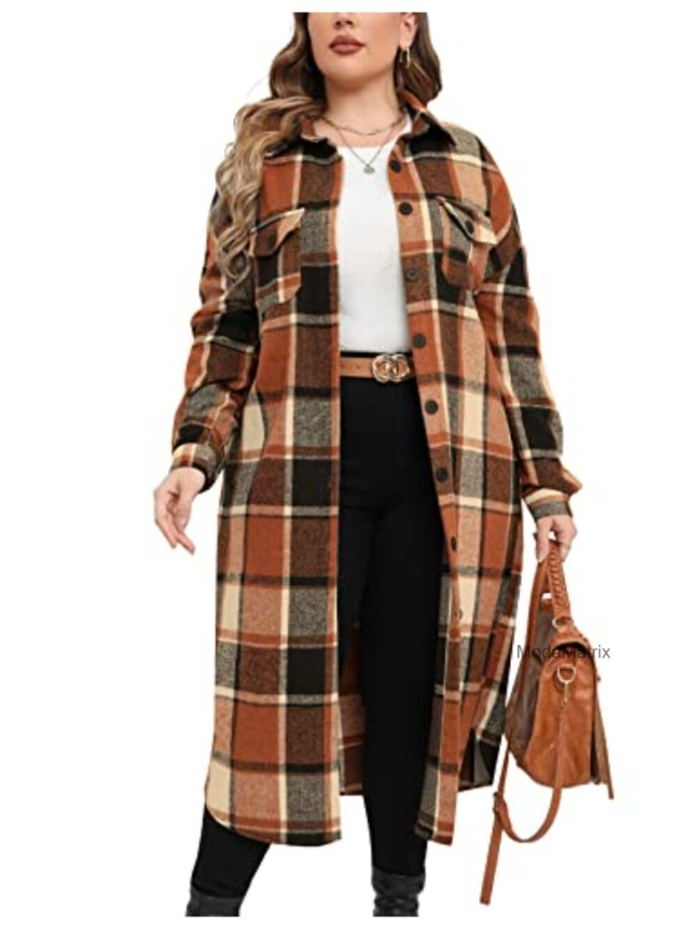 Plus Size Long Flannel Plaid Shacket Oversized Button Down Coat with Pockets